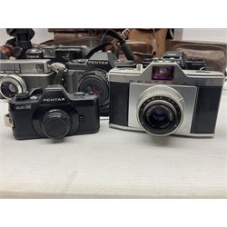 Collection of cameras and lenses, to include Pentax Program A camera body, serial no 123759, with 'Pentax-A zoom 1:3.5-4.5 28-80mm' len, Praktica EE2 camera body with 'Pentacon electric 1.8/50' lens etc, together with a Manfrotto tripod 