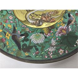 Cloisonné plate decorated with birds and flowers, together with a pair of Cloisonné vases of baluster form 