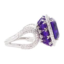 Damas 18ct white gold amethyst and diamond Vera ring, the central square cushion cut amethyst of 6.28 carat, with round brilliant cut diamond surround, pear cut amethyst gallery and diamond set shoulders, total amethyst weight 15.48 carat, total diamond weight 1.10 carat, with certificate