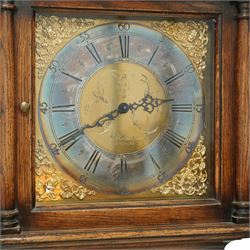 20th-century-oak cased  8-day longcase clock, in an 18th century provincial style case, square brass dial with an engraved centre, cast spandrels, steel hands and silvered chapter ring, dial engraved 