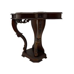 Victorian style mahogany console table, shaped moulded top on scrolled supports, moulded and canted base (W91cm, H76cm, D41cm), and a reproduction mahogany console or side table on reeded supports 