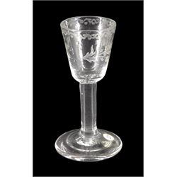 Small 18th century drinking glass of possible Jacobite interest, the funnel bowl engraved with bird in flight and sunflower, upon a plain stem and conical foot, H8.5cm