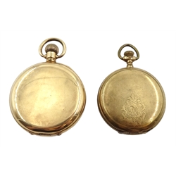 Waltham U.S.A Traveller gold-plated pocket watch, top wind, movement No.18748715, case by Dennison and a Waltham Mass gold-plated full hunter pocket watch No. 1441315, case by Keystone