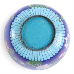 Pair of cloisonne bowls, decorated with flowers upon a blue ground, together with a pair of cloisonne pots, teapot and hot water pot