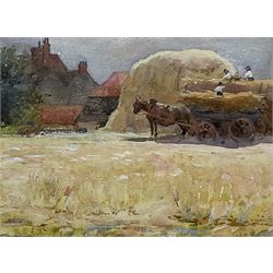 Charles H Rogers (British exh.1903): Stacking a Hay Rick, watercolour signed and dated '04, 14cm x 18.5cm
Provenance: listed as a landscape painter from Abbey Wood, Croydon Rd., Annerley exh. 'The Chalk Pit Suffolk' at the RA 1903