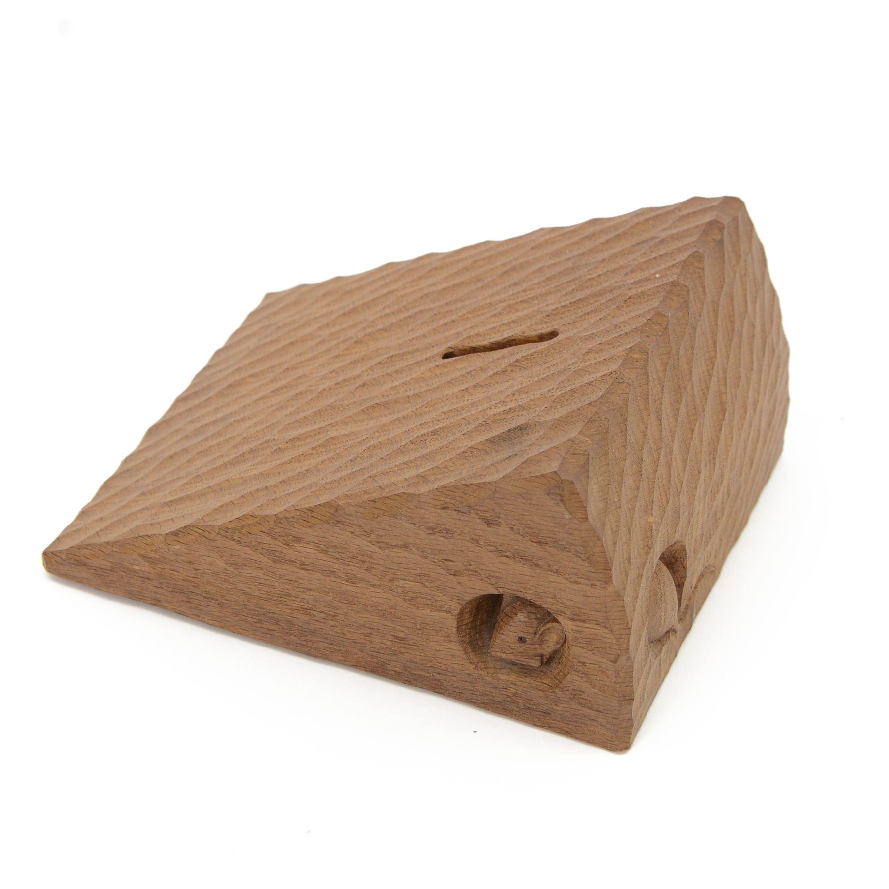 Mouseman - tooled oak money box, modelled as a wedge of cheese, carved with mouse signature, by the workshop of Robert Thompson, Kilburn