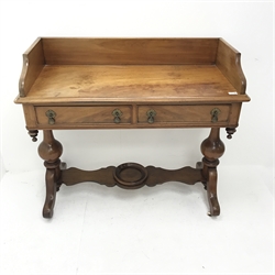 Victorian mahogany washstand, raised shaped back, two drawers, turned supports joined by single stretcher, W107cm, H94cm, D49cm