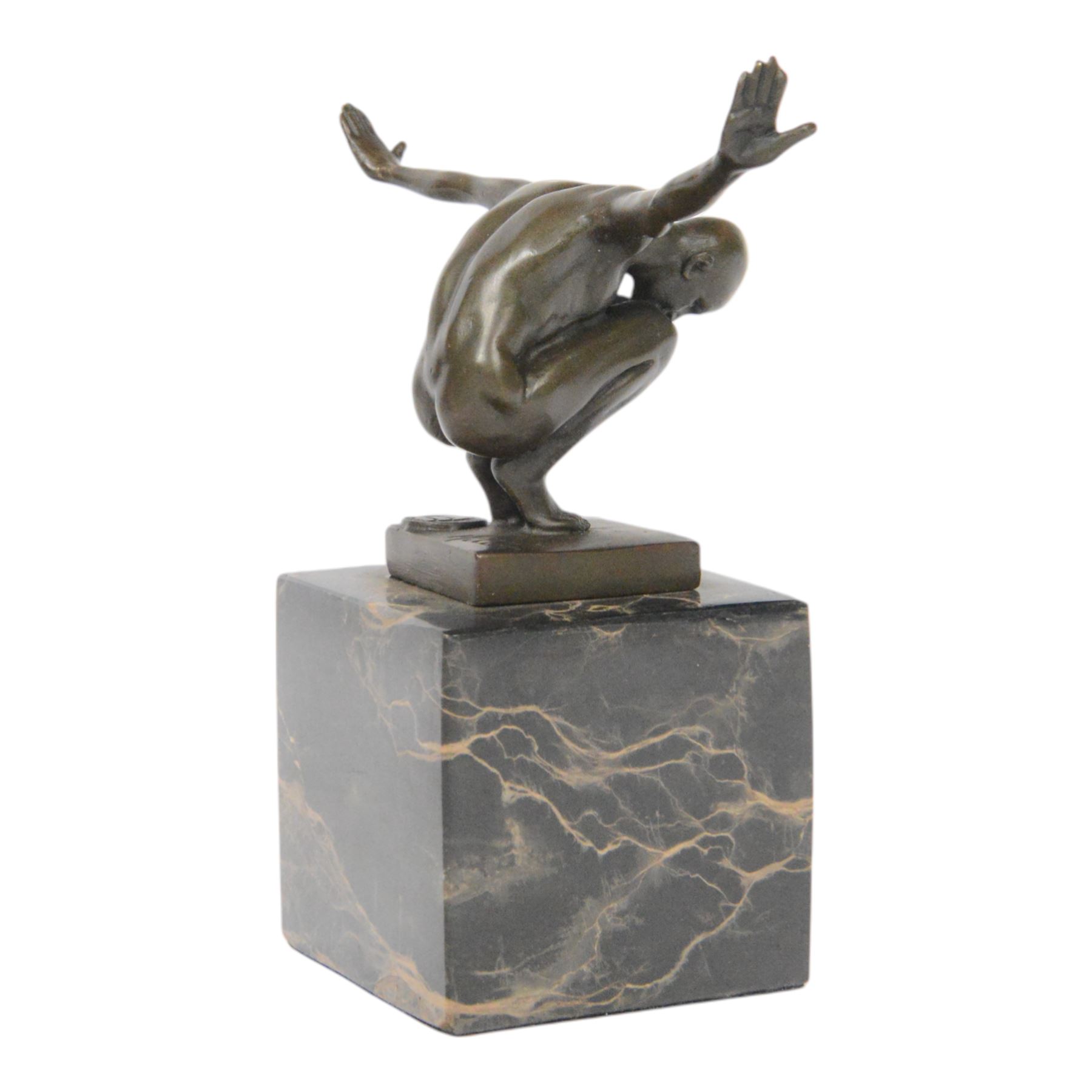 After Miguel Fernando Lopez Power of Silence, modelled as a athlete crouched with arms outstretched, signed Milo, upon a marble plinth, H15cm
