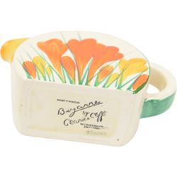 Clarice Cliff Biarritz Bonjour shape tea service for six, in Sungleam Crocus pattern, comprising teapot, milk jug, open sucrier, cups and saucers, all with printed Biarritz by Clarice Cliff  Wilkinson Ltd England beneath, teapot H20cm

