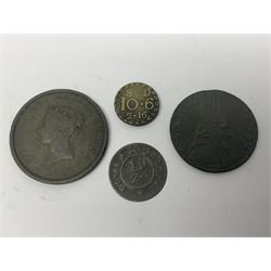 Thirty six late 18th century and onwards United Kingdom and World coins and tokens, to include 1772 Catherine II 5 Kopecks, Swedish quarter and half Skilling pieces dated 1809 and 1806, two Skilling Courant piece dated 1810, 1831 Isle of Man half penny token etc 