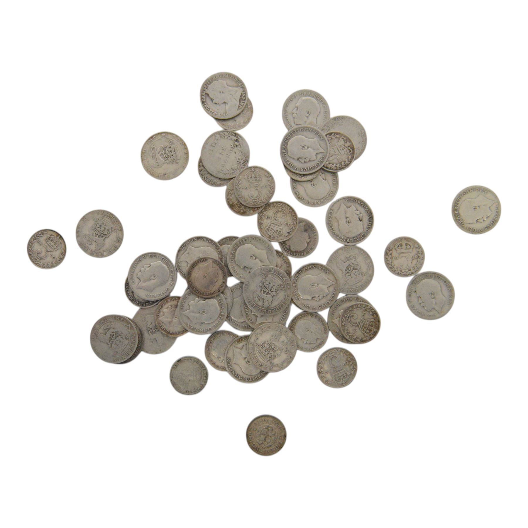 Approximately 108 grams of Great British pre-1920 silver sixpence and threepence coins, and approximately 29 grams of Great British pre-1947 silver threepence coins
