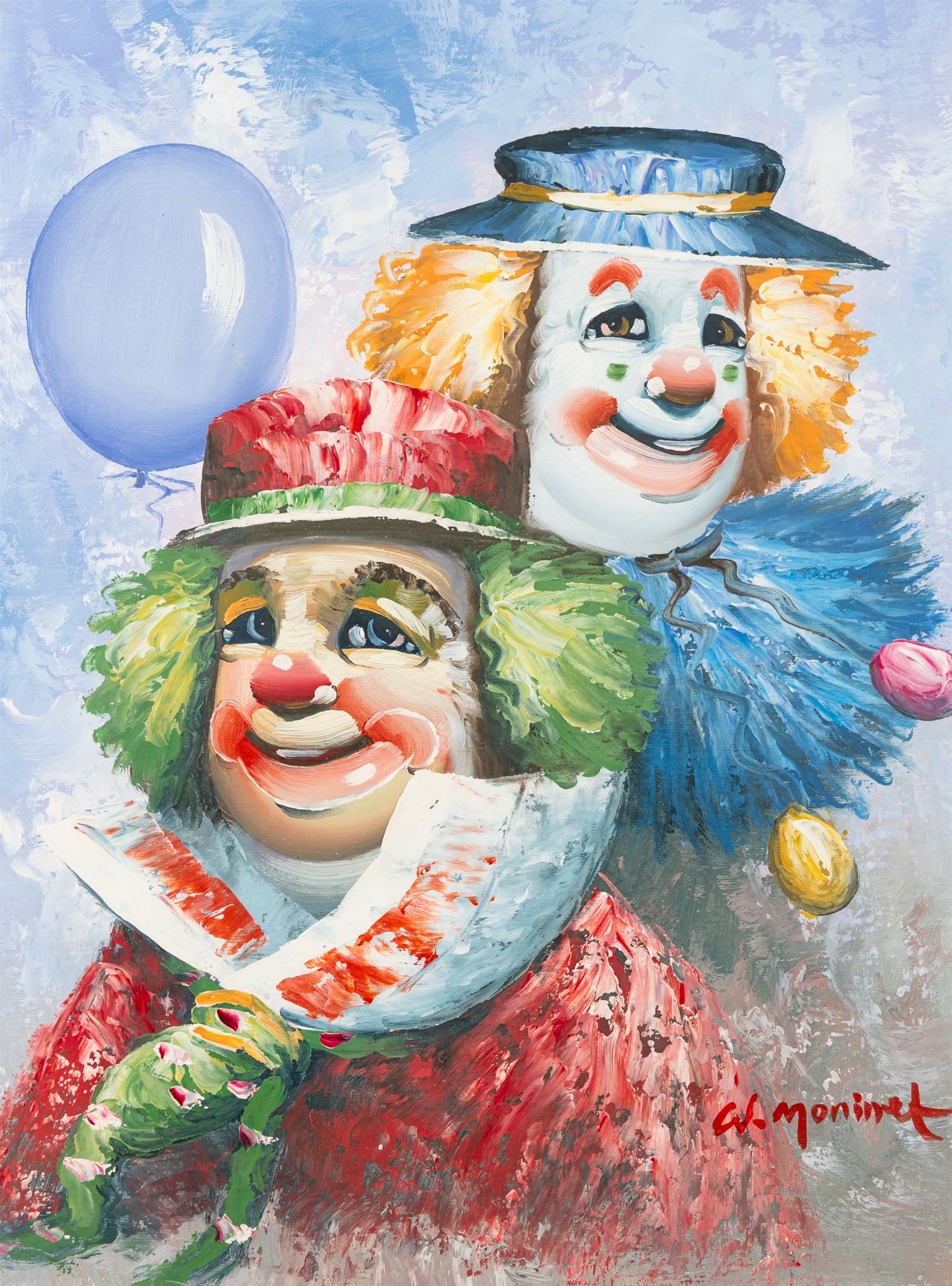 William Moninet (American 1937-1999): Circus Clowns and Clown with a Balloon, pair of oils on canvas board signed 39cm x 29cm (2)