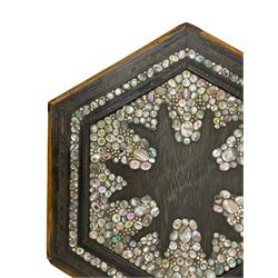 Early 20th century Anglo-Indian hexagonal table, the top decorated with mother of pearl beads and chequered banding, the base with fretwork pointed arches and inlays