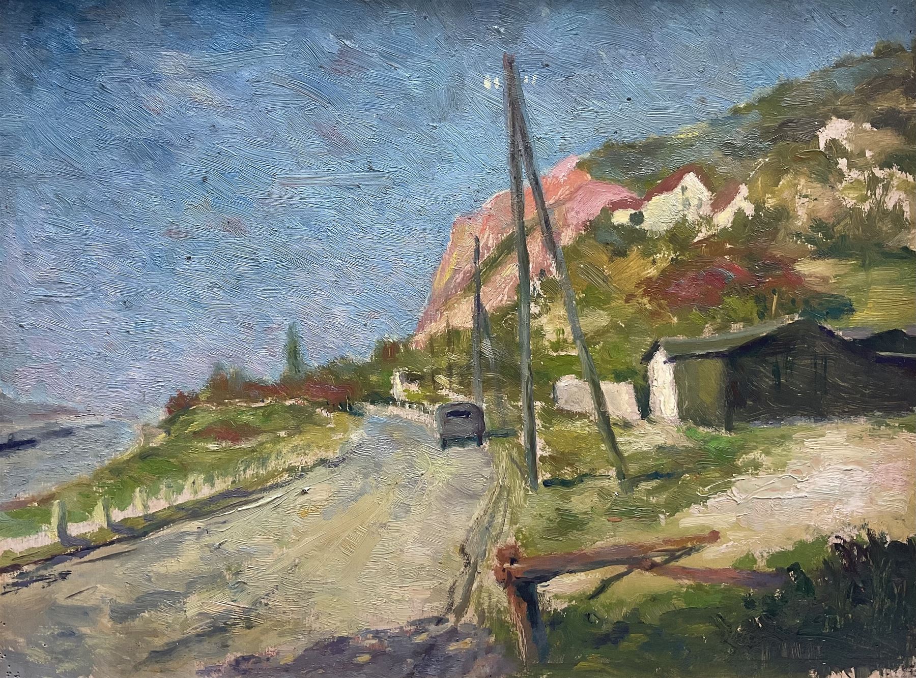 Karl Miersch (German 1894-1969): On the Coast, oil on board, inscribed and with artists studio stamp verso 36cm x 46cm 