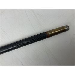 Late 19th/early 20th century Anglo Indian ebony and bone sword stick with 62cm steel blade, brass locking ferrule and lion mask pommel L92 cm.