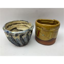 Linda Styles studio pottery, two jugs and a vase with abstract decoration on a yellow ground, together with another studio pottery bowl, largest H16cm