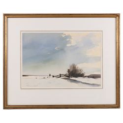 Edward Seago RWS RBA (British 1910-1974): Farmer with Dog in Winter Landscape, watercolour signed in pencil, later title verso 25cm x 36.5cm