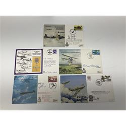 First Day Covers - approx. one hundred flying related and other military FDCs 1970s-2000s, mainly WW2 interest and bearing signatures; British, Channel Islands, Continental, Australia etc; signatures include Vera Lynn, J.H. Lacey, 'Johnnie' Johnson, Barnes Wallis, Bill Reid VC, various other gallantry medal winners, Dam Busters, Battle of Britain, Terence Otway, Leonard Cheshire, Stanford Tuck etc; loose and in a Benham album
