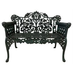 Victorian design cast iron bench, tailing oak leaf and branch pattern, rams head arm terminals