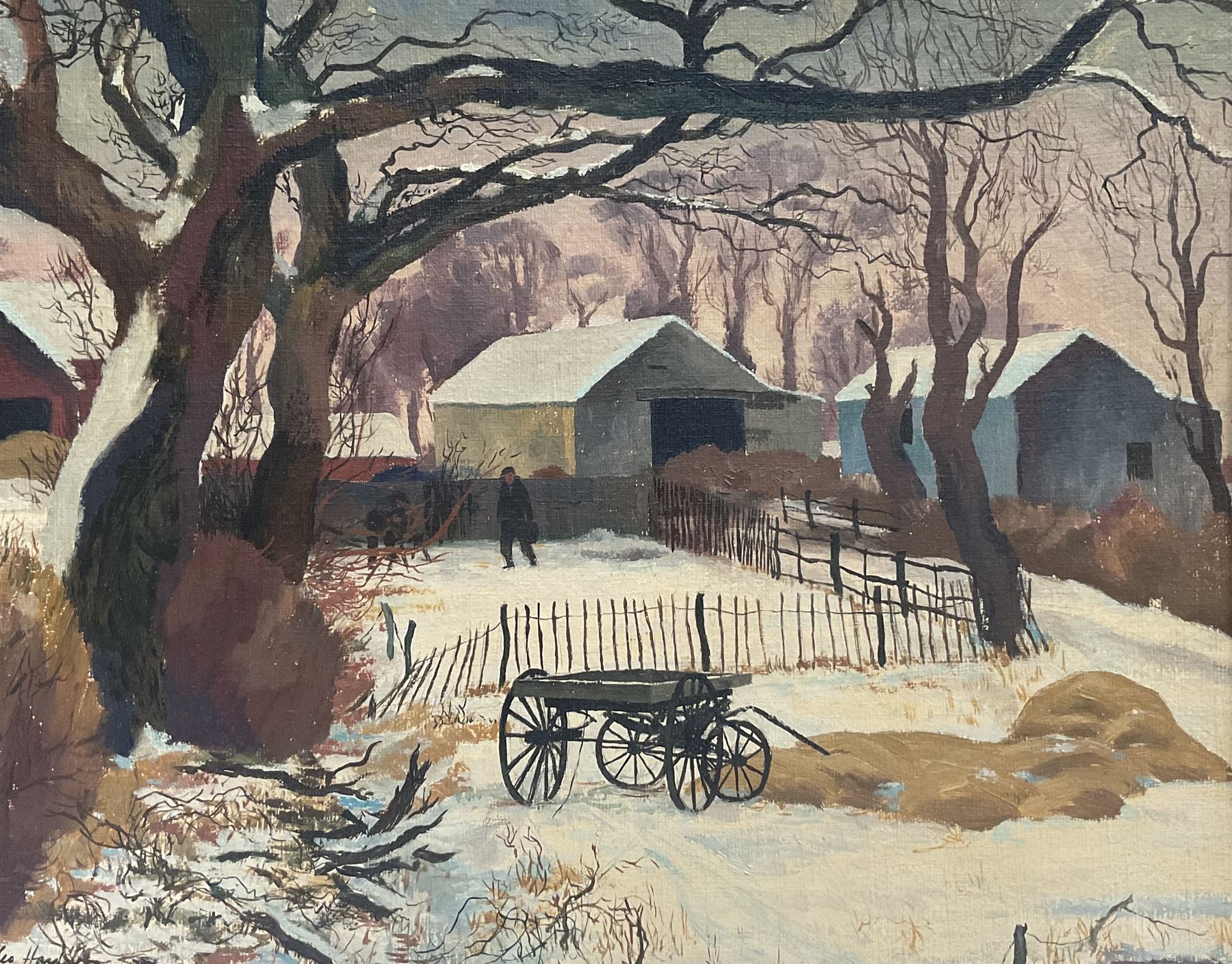 Leo Hardy (British 1905-1989): 'The Blue Barn', oil on board signed, titled on exhibition label verso 40cm x 50cm 