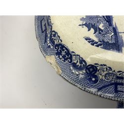 Large blue and white twin handled tureen with cover, Copeland Spode bowl, oriental blue and white jar and cover and a pair of blue and white vases