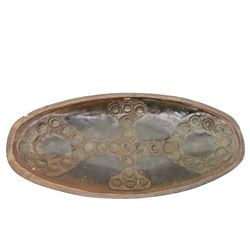 Large Crowan Pottery bread crock, H30cm; together with a studio pottery oval shallow dish, D52cm, and an Alan Caiger-Smith bowl, D42cm, variously marked and inscribed (3)