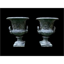 Pair of Victorian ornate cast iron garden urns, painted in grey finish - THIS LOT IS TO BE...