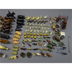  Quantity of farmyard die-cast figures and animals by Britains, J.Hill & Co etc including horses, cattle, sheep, pigs, farmyard poultry, farm workers, huntsman, tradesman, clergyman, stooked corn, trees, fences etc and boxed horse roller  