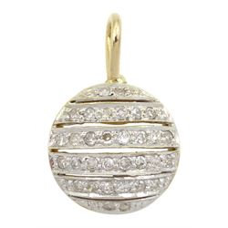 18ct gold circular pendant set with six rows of pave set round brilliant cut diamonds, stamped 18ct, total diamond weight 0.25 carat 