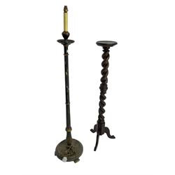 19th century mahogany spiral turned torchere candle stand (H128cm); 19th century black lacquered standard lamp, painted with traditional Chinese scenes with gilt borders