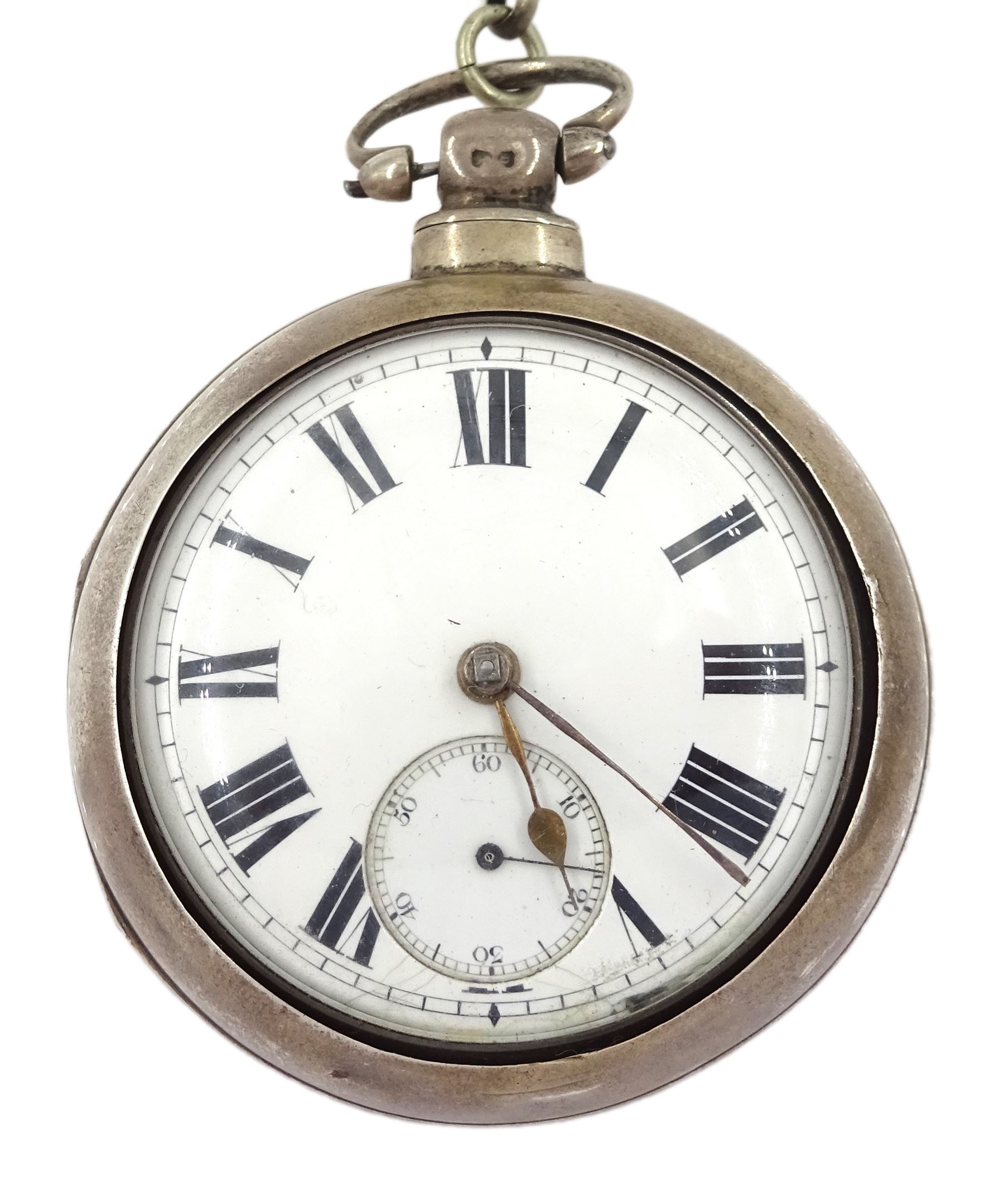Victorian silver pair cased key wound fusee lever pocket watch by H. Walkington, Bridlington Quay, No. 57125, white enamel dial with Roman numerals and subsidiary seconds dial, case by Charles Harris, Birmingham 1895, on white metal chain