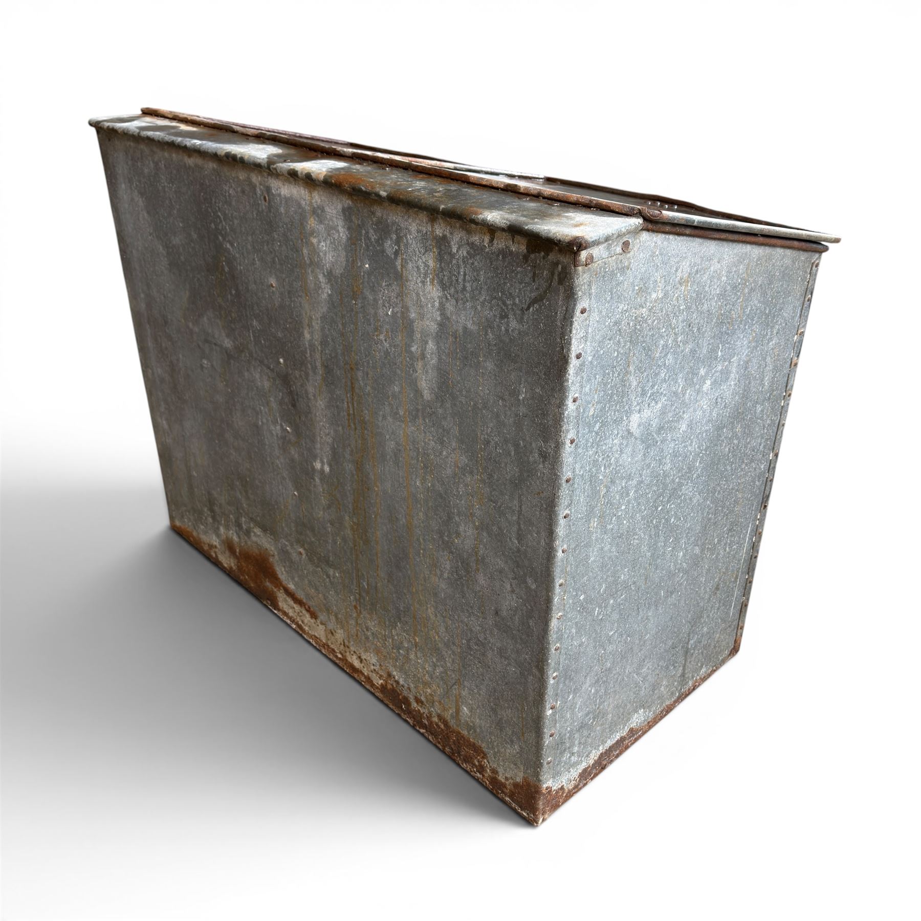 Early 20th century galvanised two division feed bin, sloped top