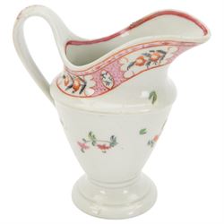 19th century Newhall silver shape teapot and cover, together with helmet jug, tea bowl and saucer all in pattern 311, teapot H16cm