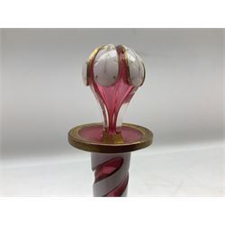 19th century Bohemian cranberry glass scent bottle and stopper, overlaid in white with leaf panels and gilded, H19cm