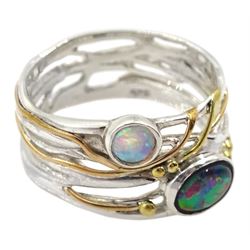 Silver and 14ct gold wire opal ring, stamped 925