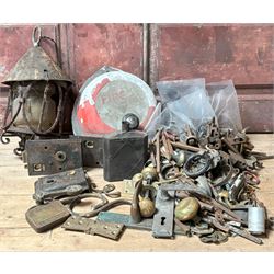 Mixed lot to include; vintage fire bell, porch lantern, locks, door furniture, hardware etc. 