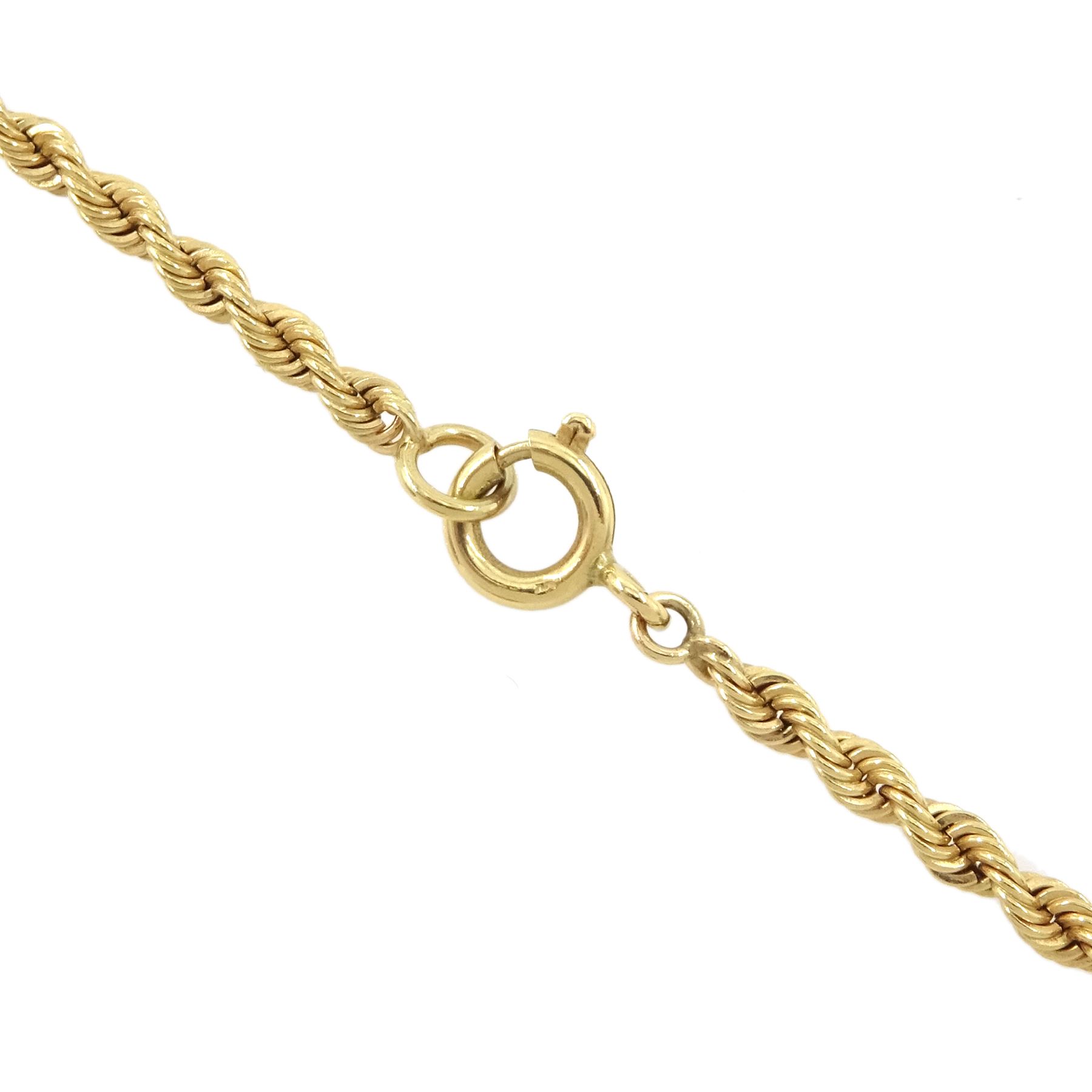 Gold swivel comedy tragedy mask pendant, stamped 14K, with rope twist border, on gold rope twist chain necklace