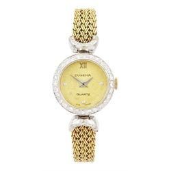 Dugena ladies 14ct gold quartz wristwatch, white gold case, diamond set bezel and lugs, to...
