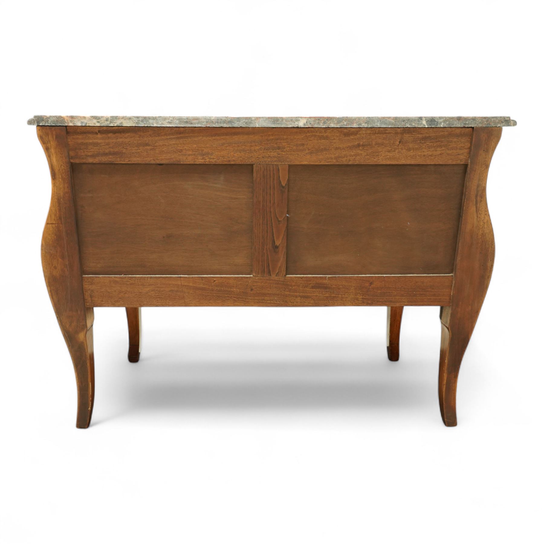 French Louis XV revival bombe commode, early 20th century, with variegated marble top above two drawers inlaid with floral marquetry, gilt metal rococo handles and mounts, kingwood and tulipwood veneers laid in chevron and quartered patterns, on cabriole supports with gilt sabots