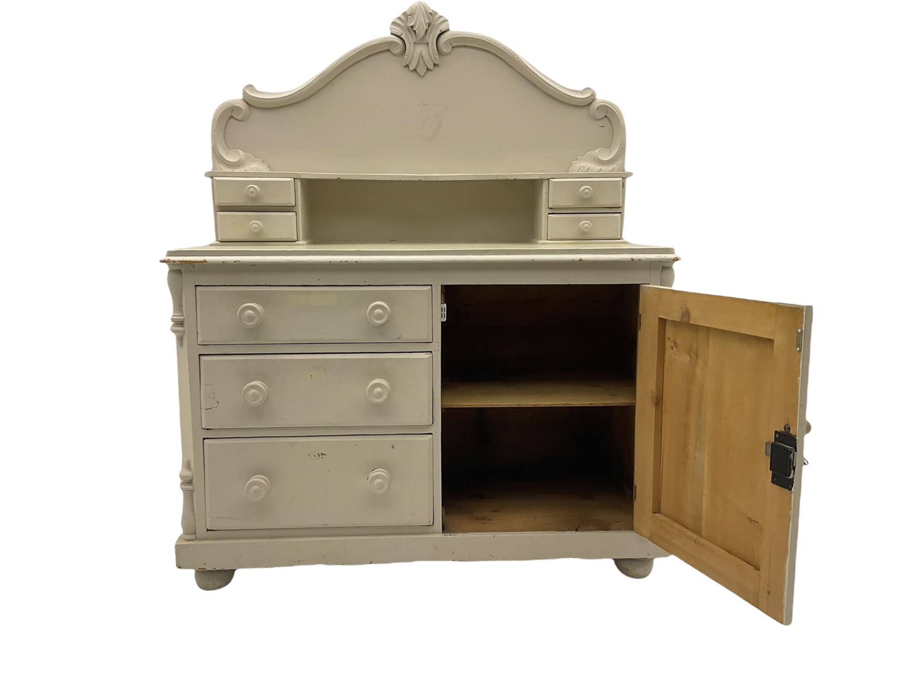 Victorian white painted pine chiffonier dresser, raised back with small drawers, fitted with single cupboard and three drawers