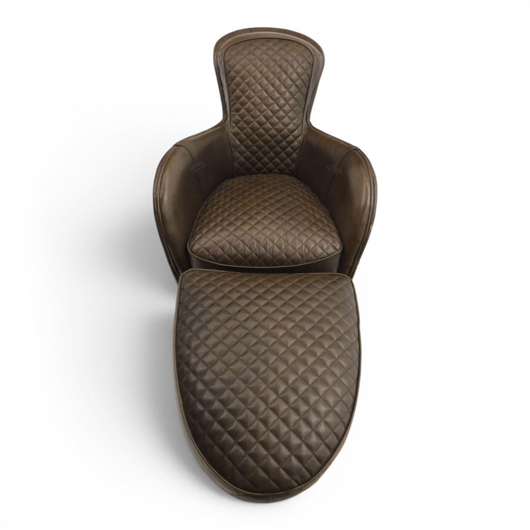 Timothy Oulton - saddle chair and stool upholstered in chocolate brown leather, with reclined back with diamond quilted cushions, stirrups upholstered to the sides  