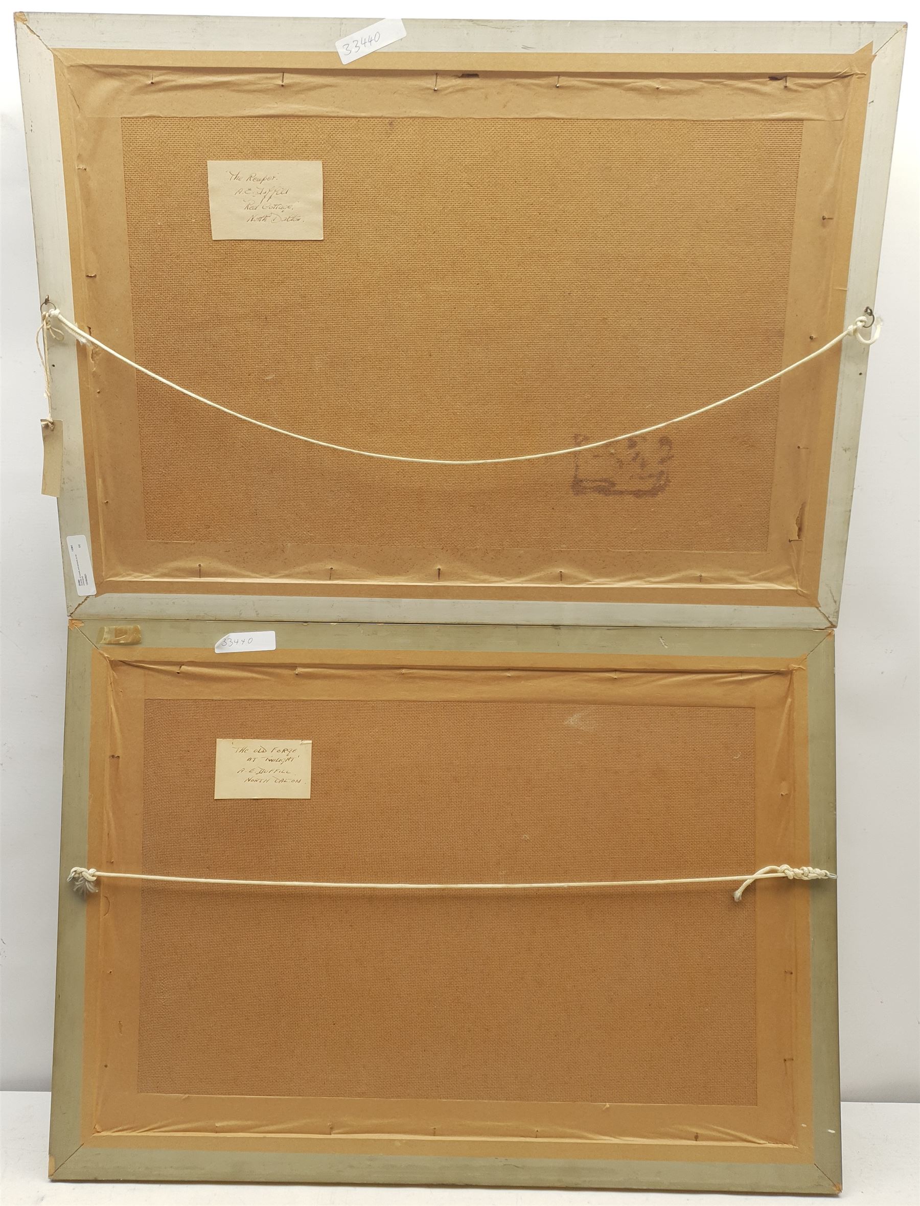 A E Duffill (British 20th century): 'The Old Forge at Twilight' and 'The Reaper', pair oils on board signed, labelled verso 39cm x 60cm (2)