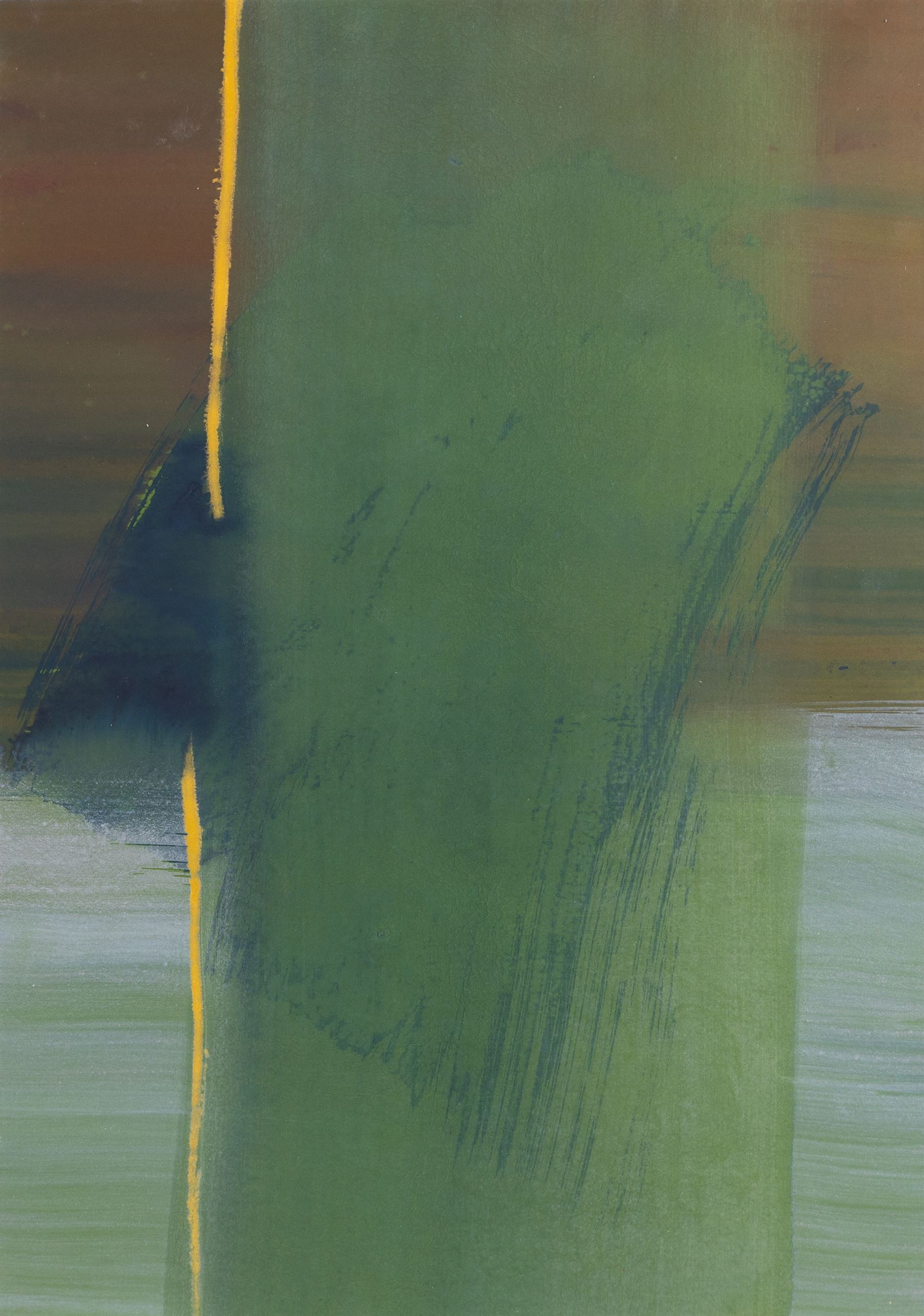 Makiko (Japanese Contemporary): Abstract in Green and Gold, watercolour signed and dated '90 beneath mount verso 50cm x 35cm 