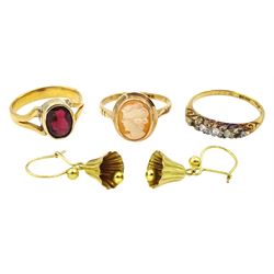 Pair of 9ct gold gold bell earrings, 9ct gold cameo ring, 22ct gold wedding band converted into a garnet ring, 18ct gold diamond and paste stone ring, all hallmarked or tested