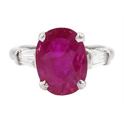18ct white gold oval cut ruby ring, with two baguette cut diamonds set either side, hallmarked, ruby 4.16 carat, with Holts Laboratory report