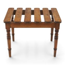 Victorian mahogany luggage stand, slatted top of rectangular form over plain frieze rails ...