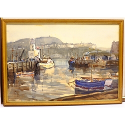 English School (Mid 20th century): Scarborough Harbour, watercolour indistinctly signed 36cm x 52cm