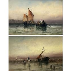Sarah Louisa Kilpack (British 1839-1909): Fishing Boats on the Shoreline and at Sea, pair oils on artist's board signed 14cm x 22cm (2)