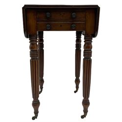 Early 19th century mahogany work table, rectangular drop leaf top with rounded corners, fitted with single through drawer, raised on Gillows type turned and lobed supports terminating at brass cups and castors 