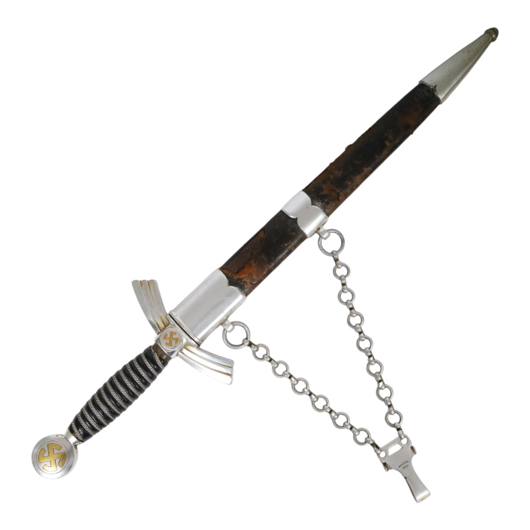 German Third Reich Luftwaffe Officers Dress Dagger by Alcoso Solingen, the 30cm double edged blade marked Alcoso Solingen, with plated down-swept quillons and pommel bearing swastika, wire-bound blue leather grip, the leather covered sheath with mounts and hanging chains, overall L50cm 